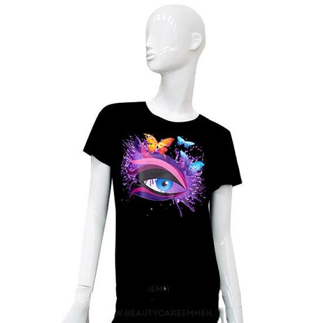 Zwart T-shirt vlinders en oog grijze wimper