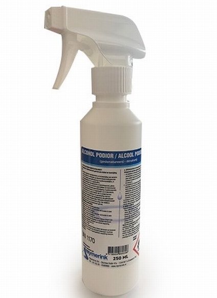 Alcohol Podior 80% spray 250ml, ontsmetten van de huid en om werkmateriaal en gereedschappen te desinfecteren.